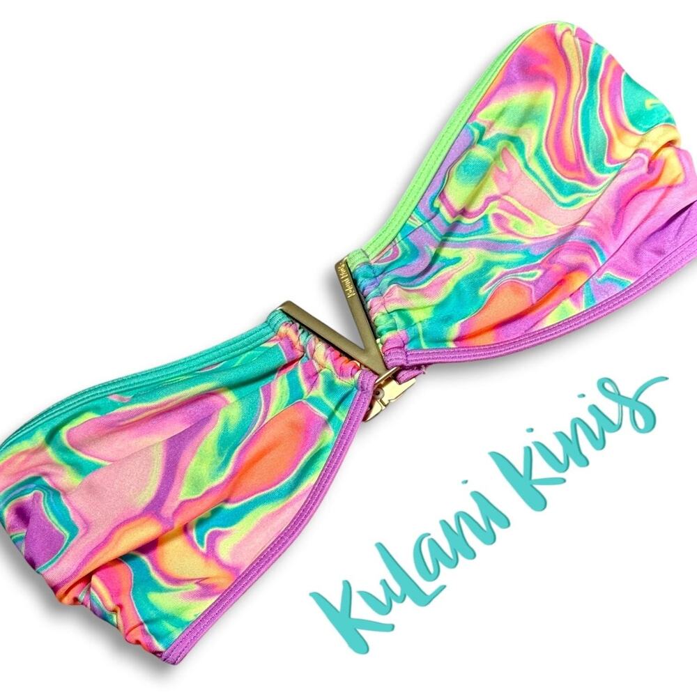 Kulani Kinis Bikini Swim Top Sz S Neon Tie Dye Strapless Bandeau + Gold Accent